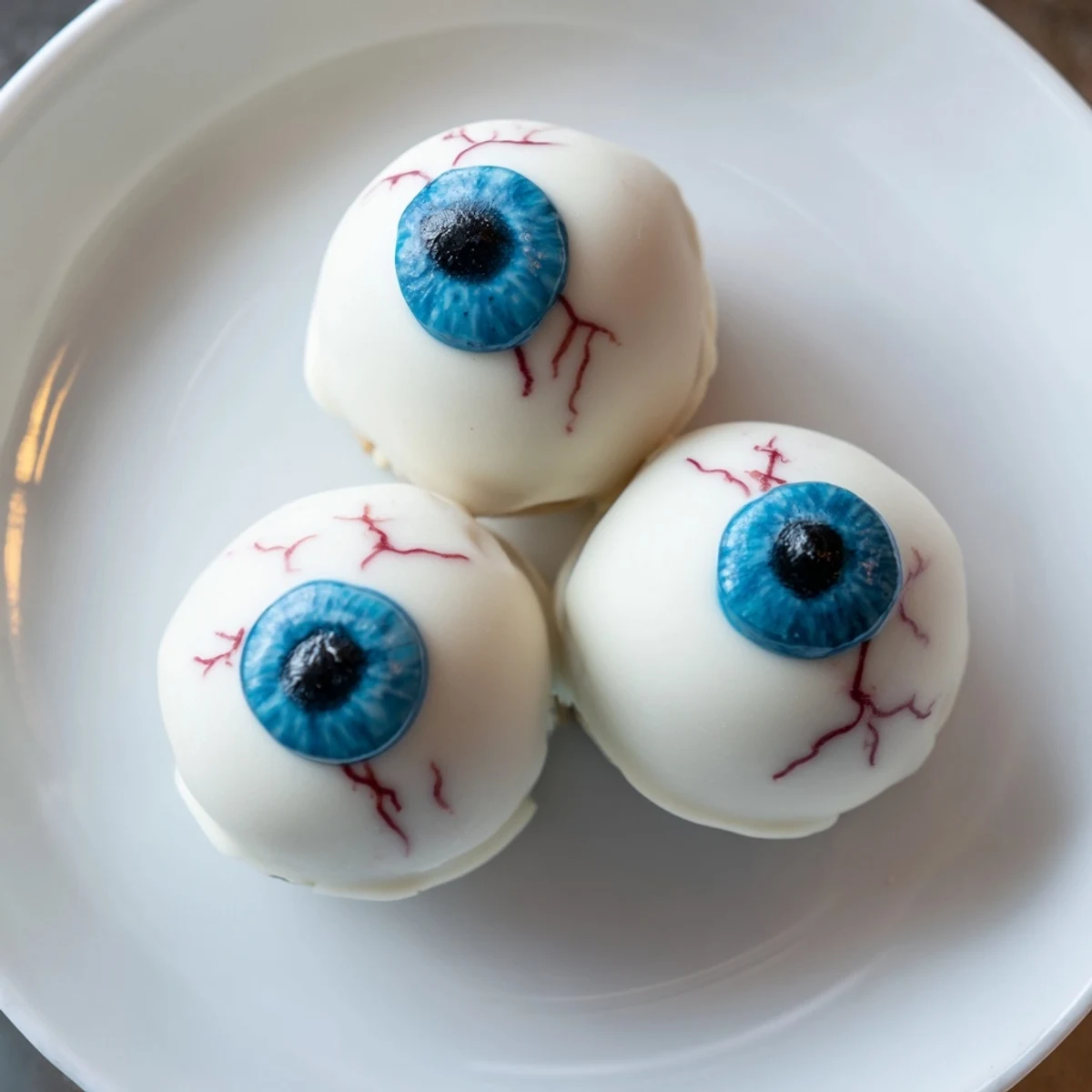 Smooth white chocolate coated Halloween Cake Eyeballs displayed on a spooky party table
