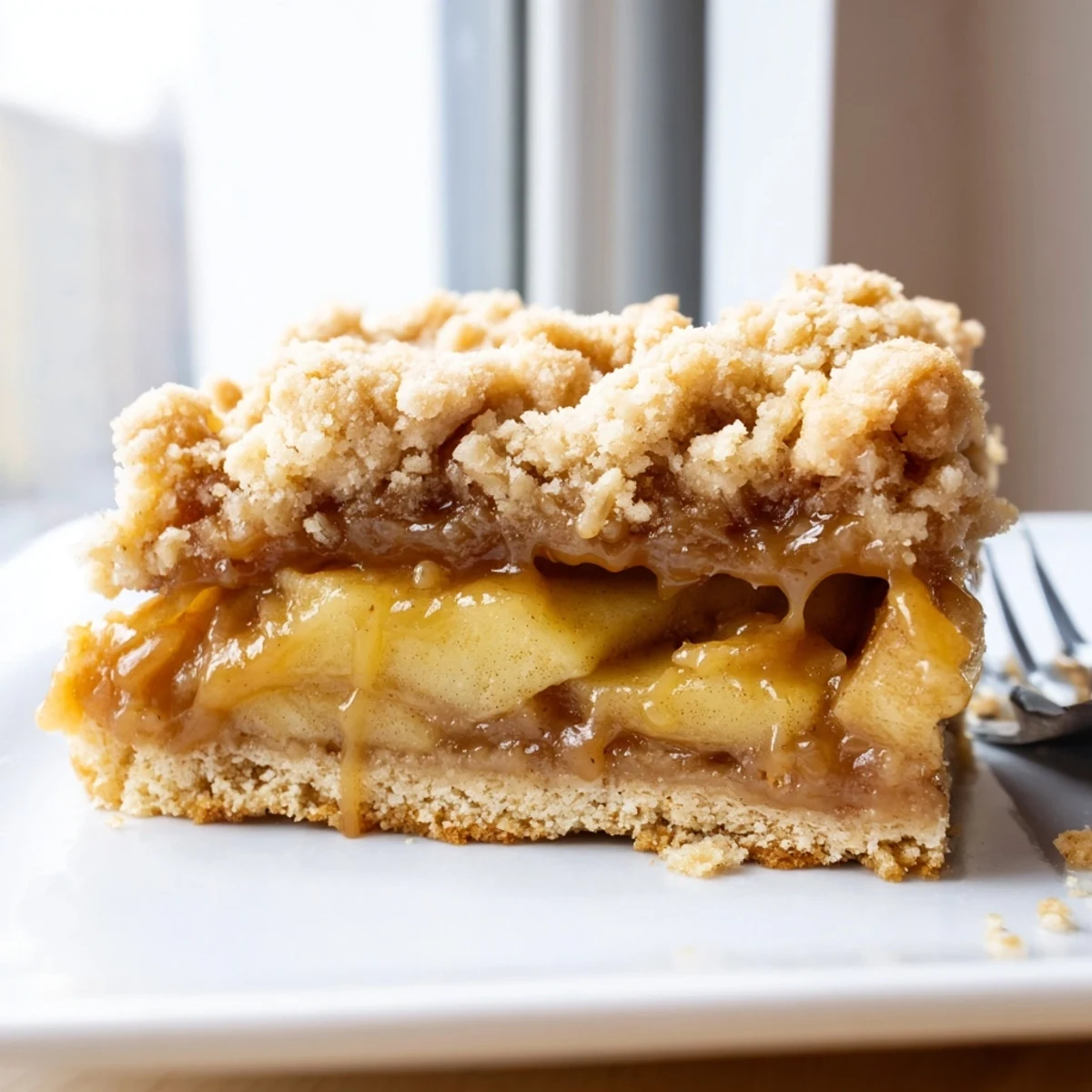 Golden caramel apple crumb bars with buttery streusel topping on a rustic plate