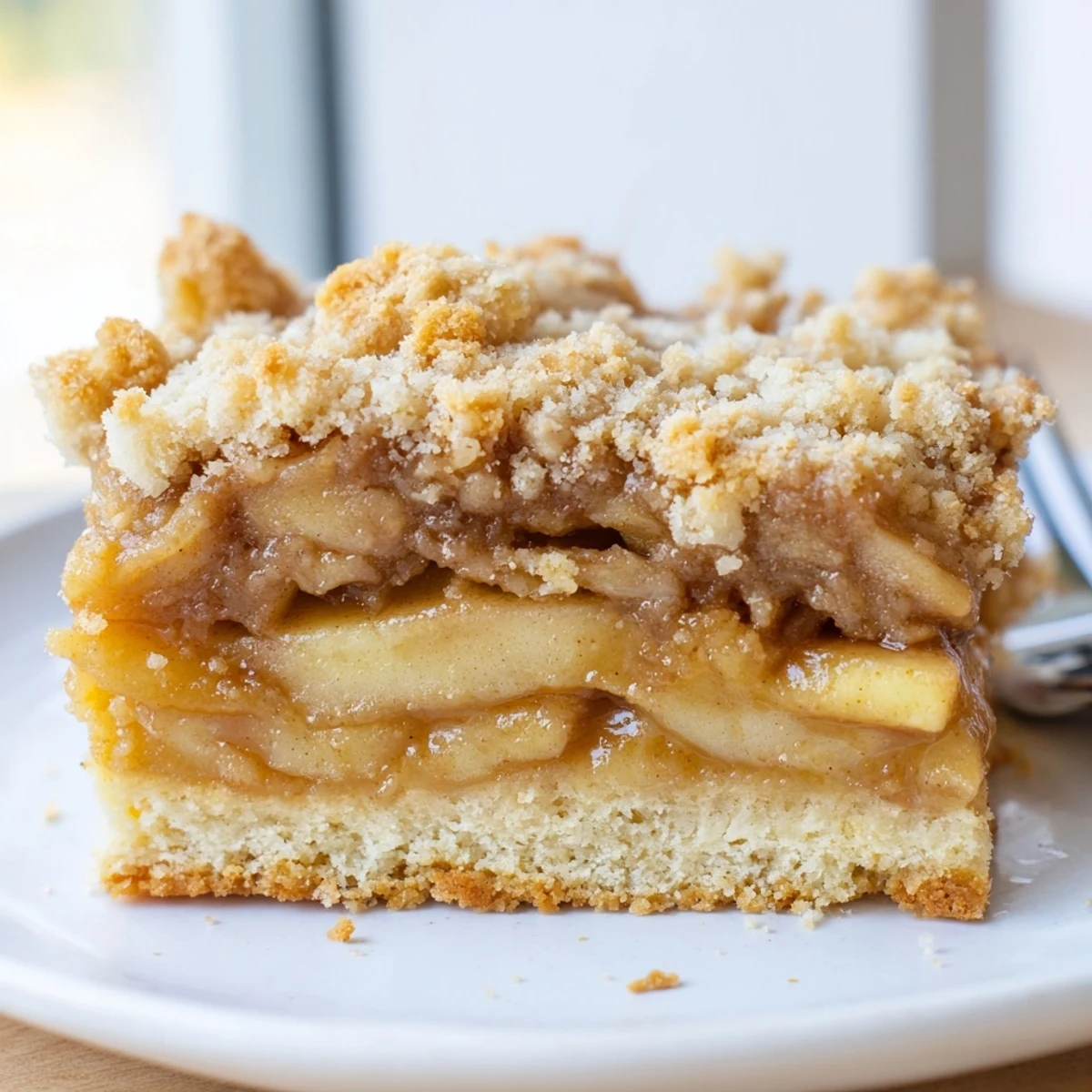 Warm caramel apple crumb bars cut into squares showing tender cinnamon apple filling