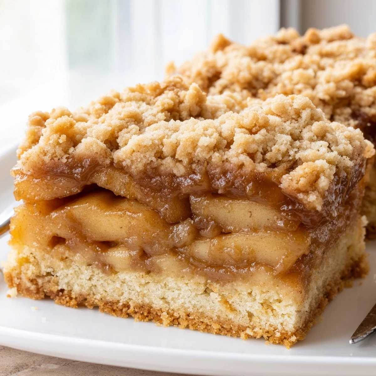 Chewy caramel apple crumb bars drizzled with extra sauce on a fall dessert table