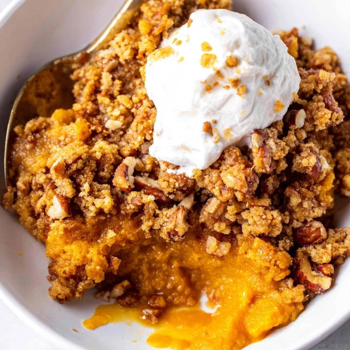 Golden pumpkin dump cake with spiced filling and buttery pecan crumble topping