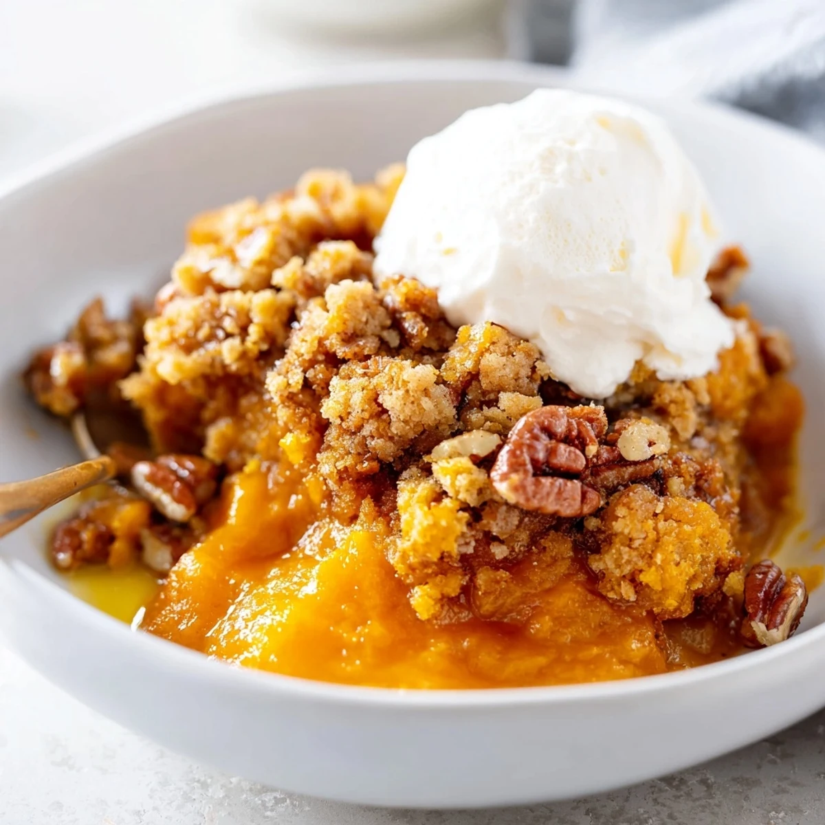 Warm pumpkin dump cake scooped into a bowl with melty whipped cream