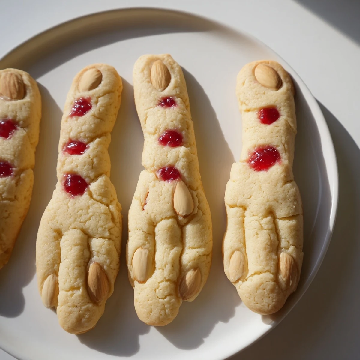 Creepy Witch Finger Cookies with bloody almond nails on a parchment-lined baking sheet