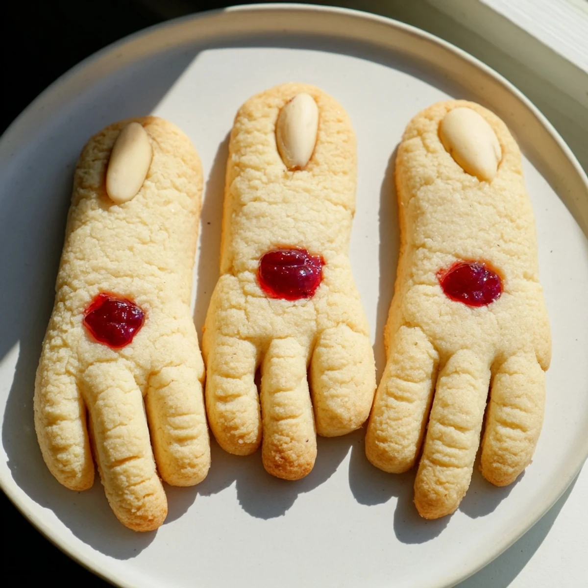 Golden creepy witch finger cookies arranged on a rustic tray with red jam details