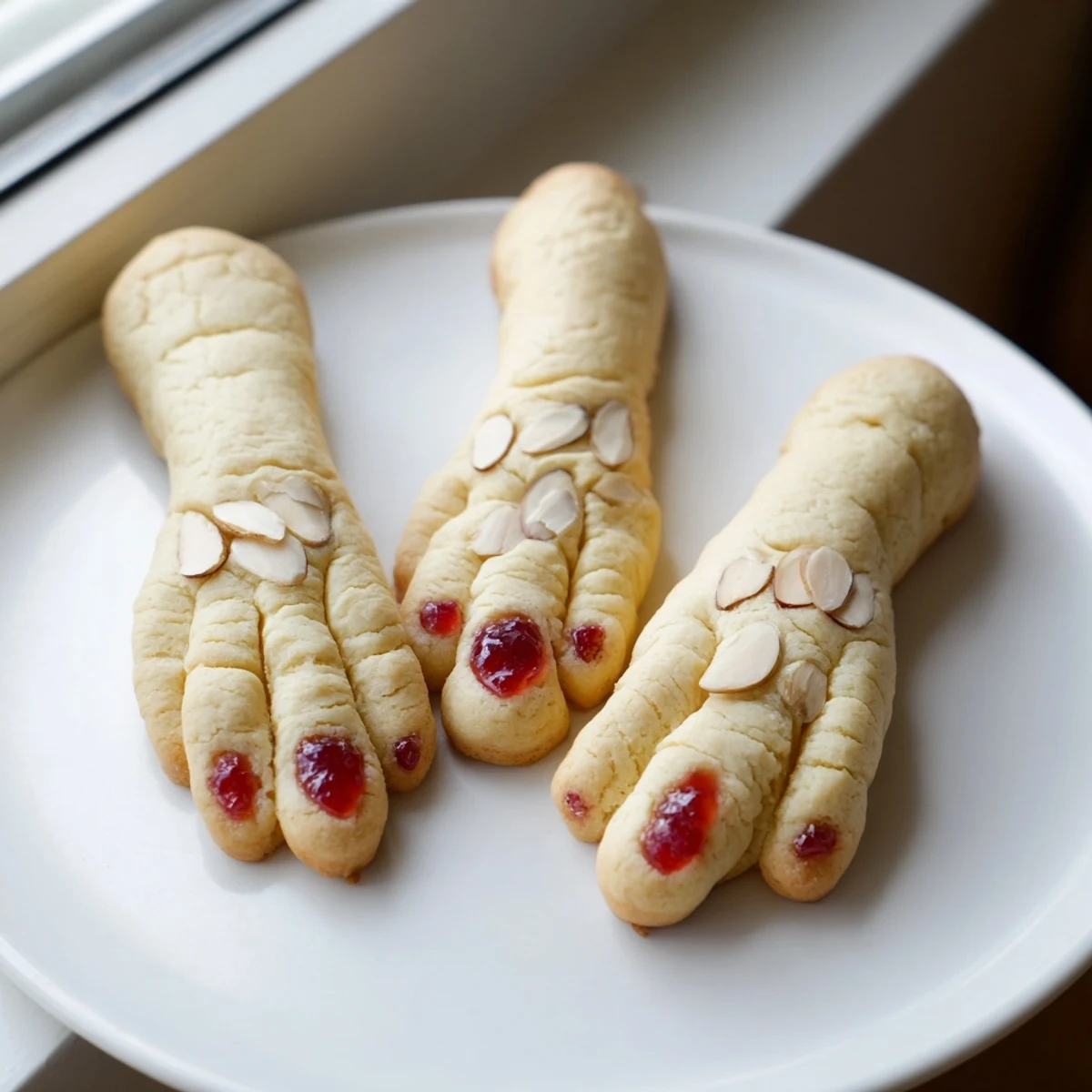 Creepy witch finger cookies topped with blanched almonds served beside hot apple cider