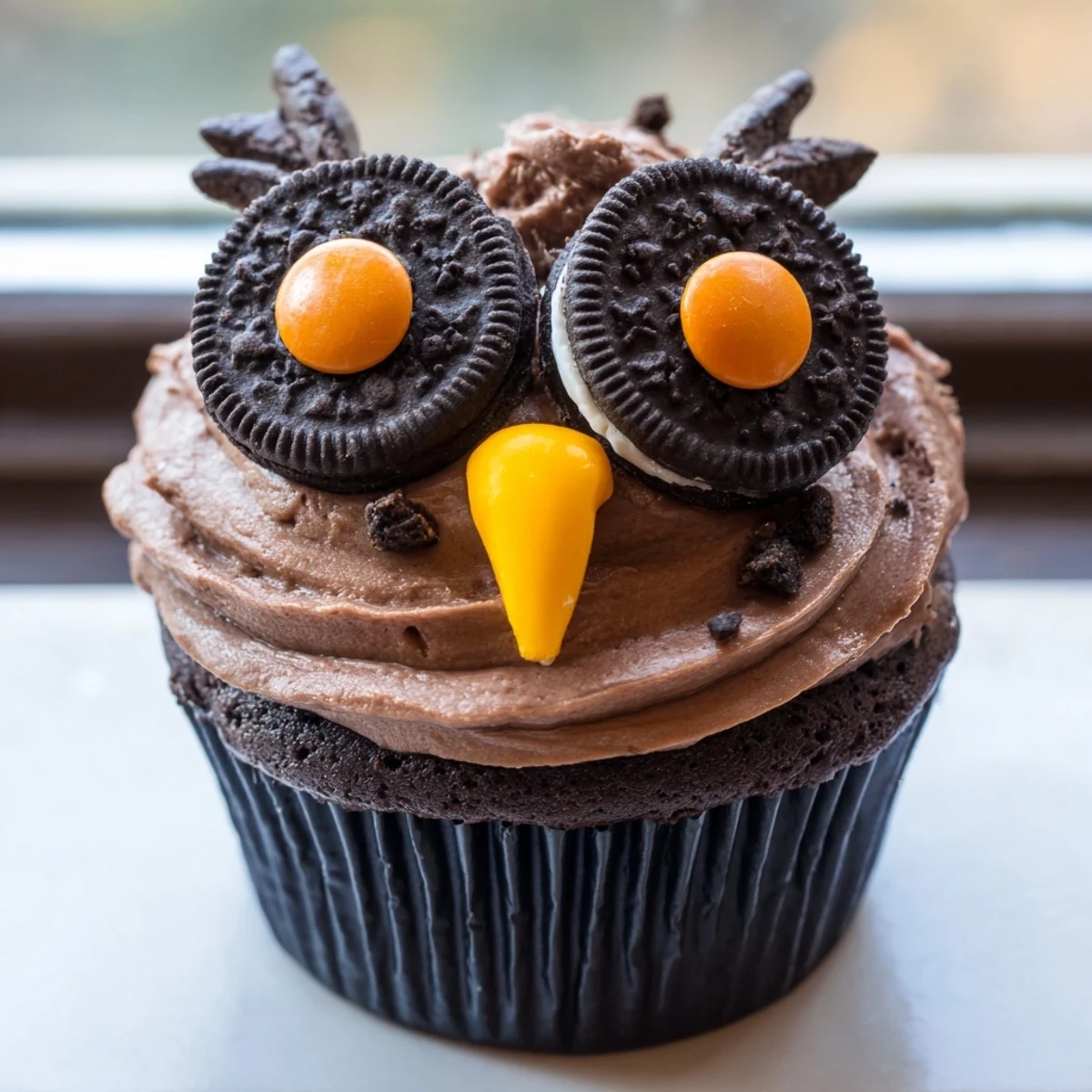Chocolate Oreo owl cupcakes decorated with creamy frosting golden beaks and playful cookie eyes
