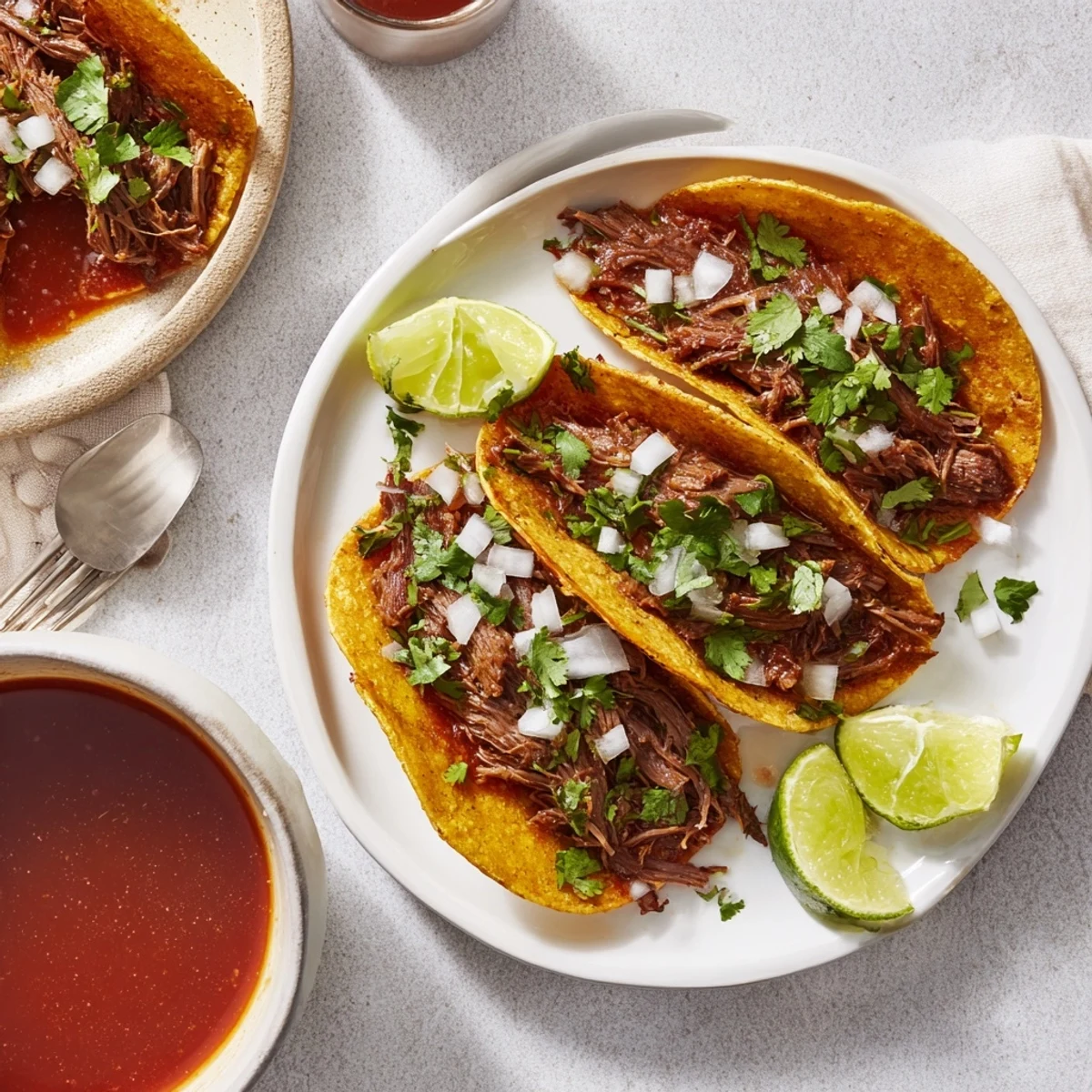 Crispy slow cooker birria tacos topped with onion, cilantro, and melted cheese