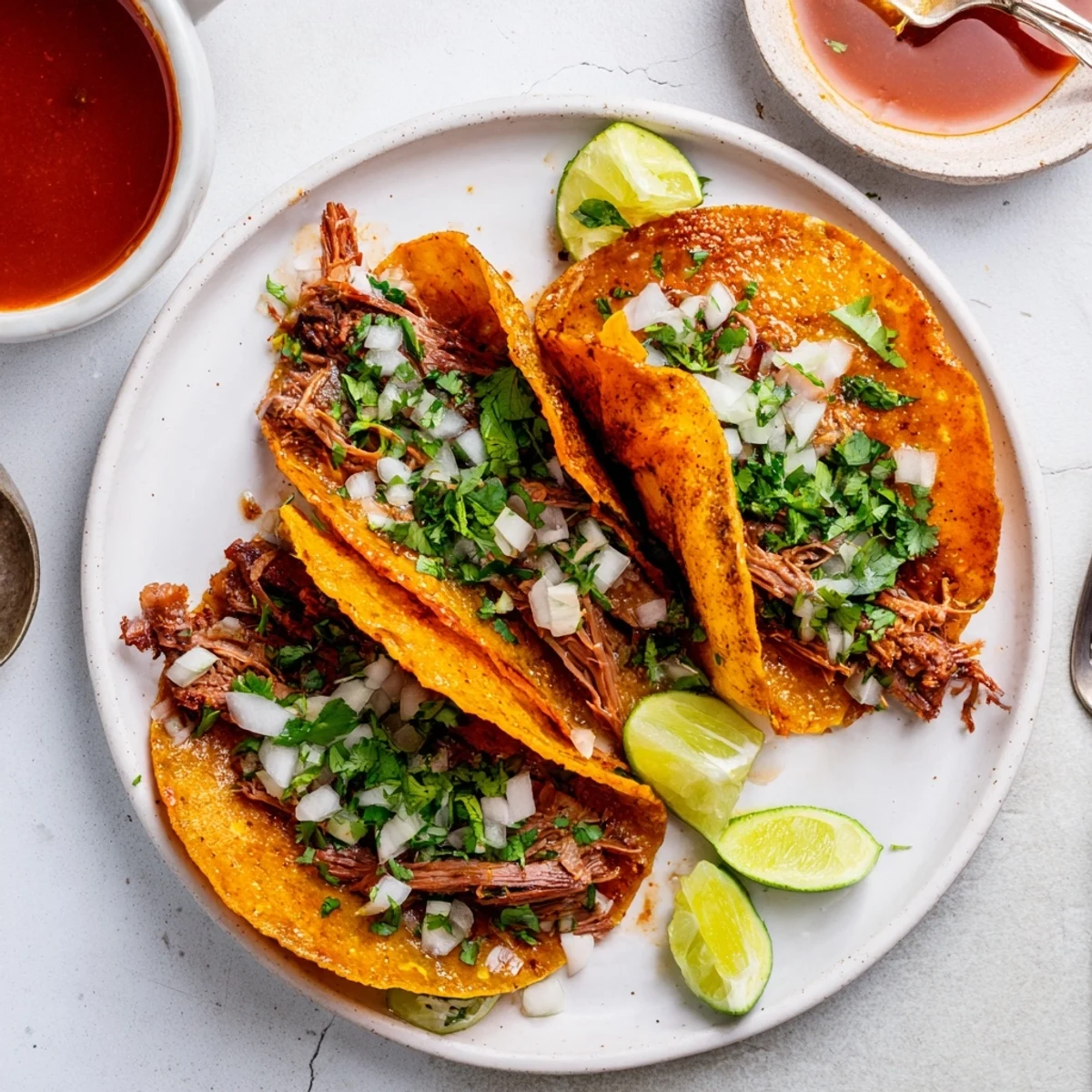 Tender shredded beef in slow cooker birria tacos served with warm dipping consommé