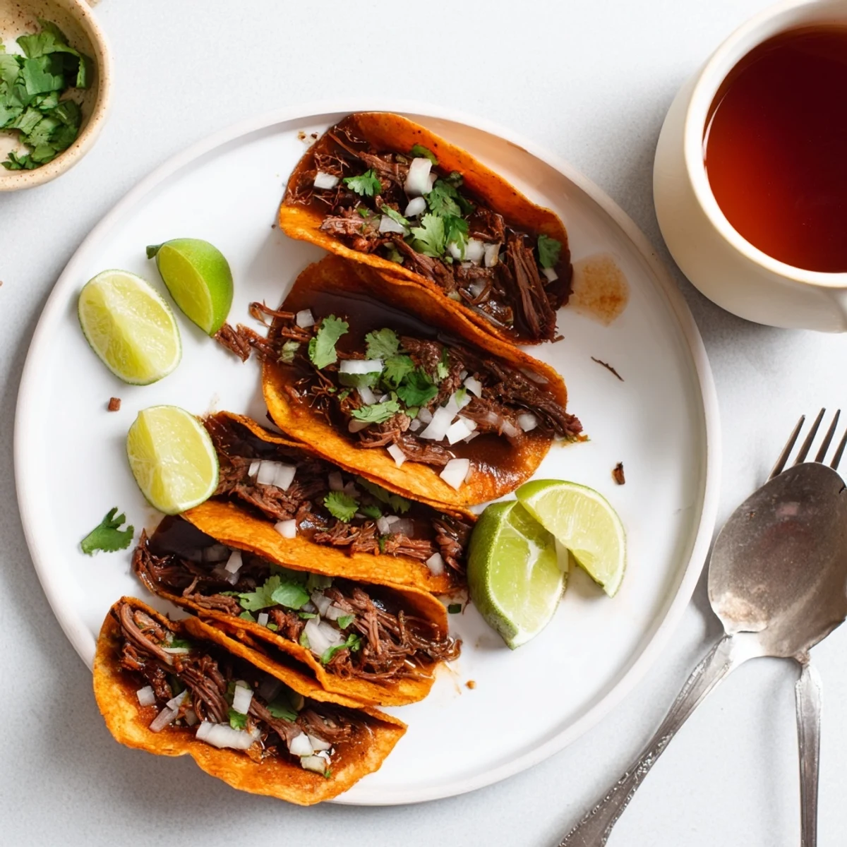 Golden corn tortilla slow cooker birria tacos garnished with fresh lime and cilantro