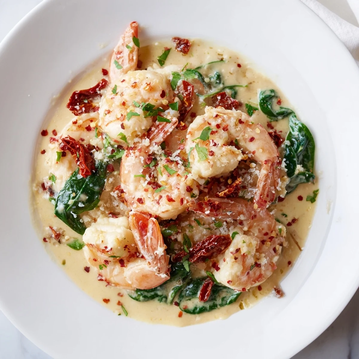 Plump pink shrimp nestled in a rich garlic parmesan sauce with wilted spinach and sun-dried tomatoes for keto creamy Tuscan shrimp
