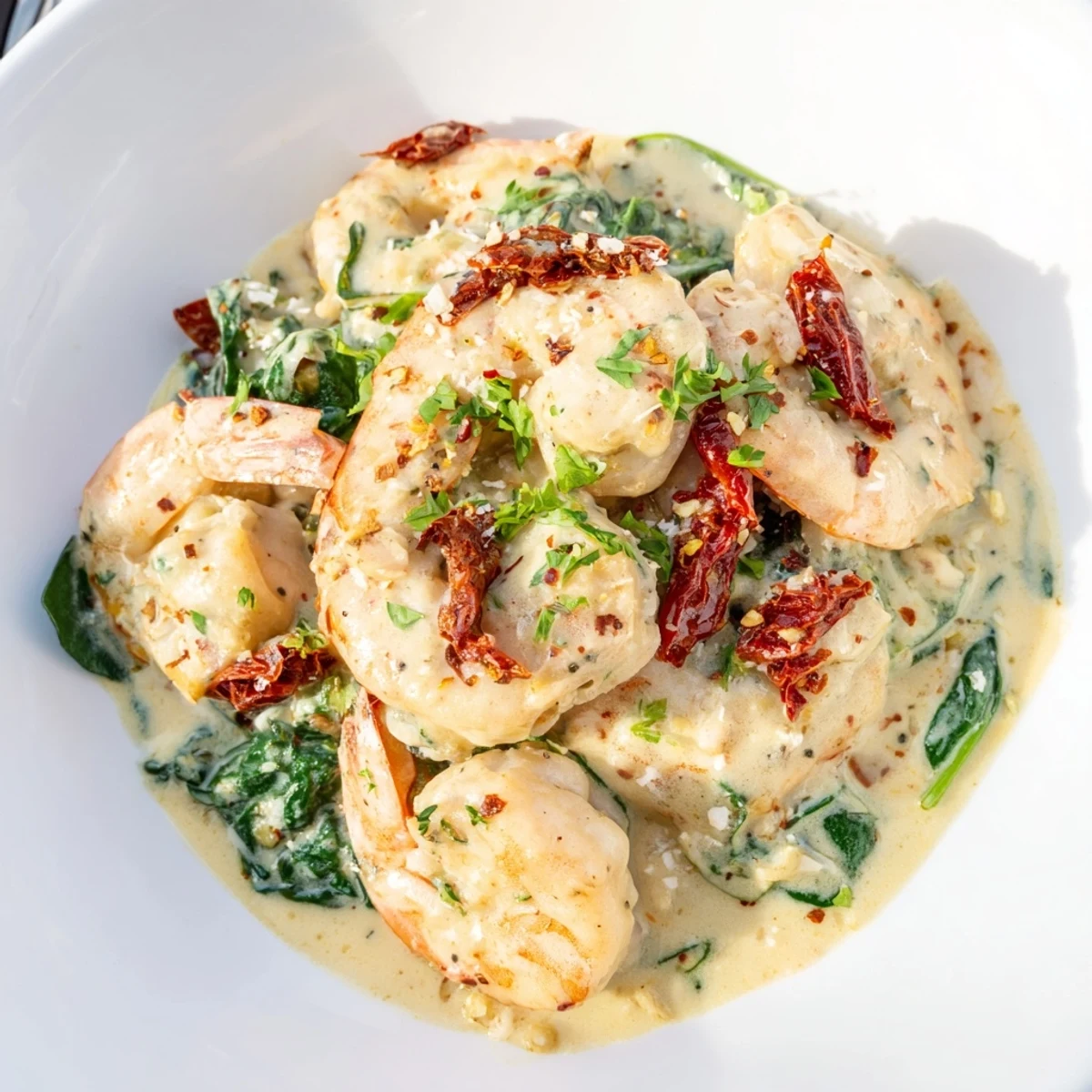 Golden-seared shrimp tossed in a velvety Parmesan cream sauce with sun-dried tomatoes and fresh parsley for keto creamy Tuscan shrimp