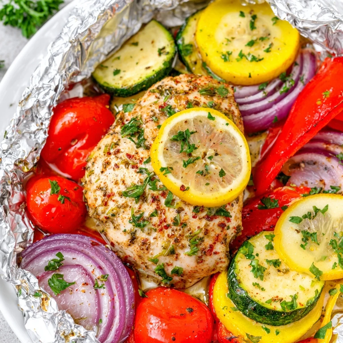 Golden chicken foil packets recipe steaming with colorful bell peppers and zucchini