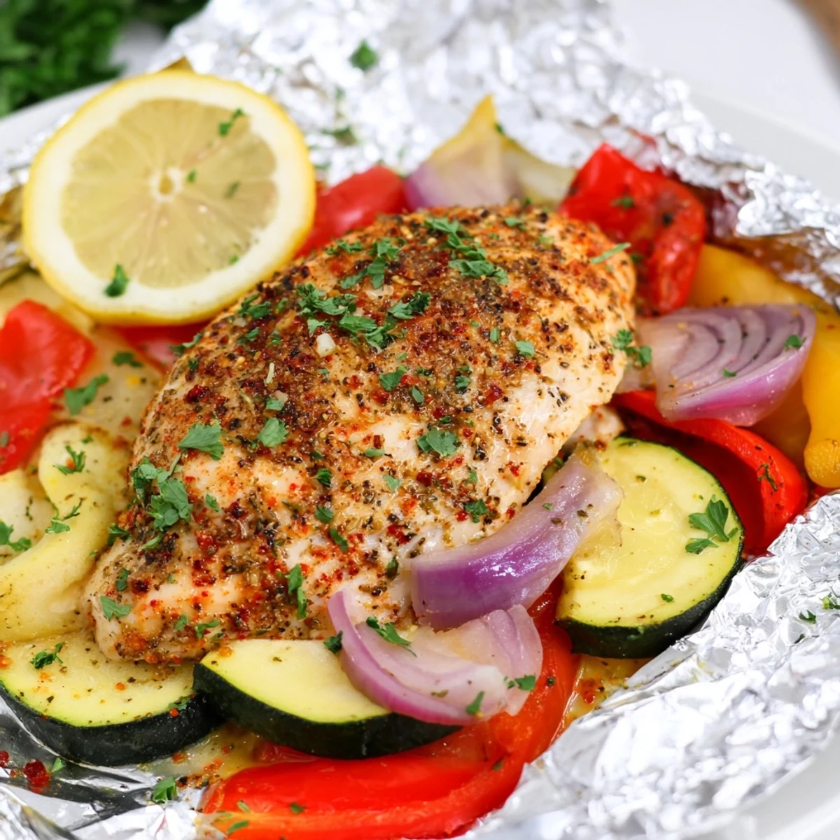 Open chicken foil packets recipe revealing juicy herbs and tender roasted vegetables