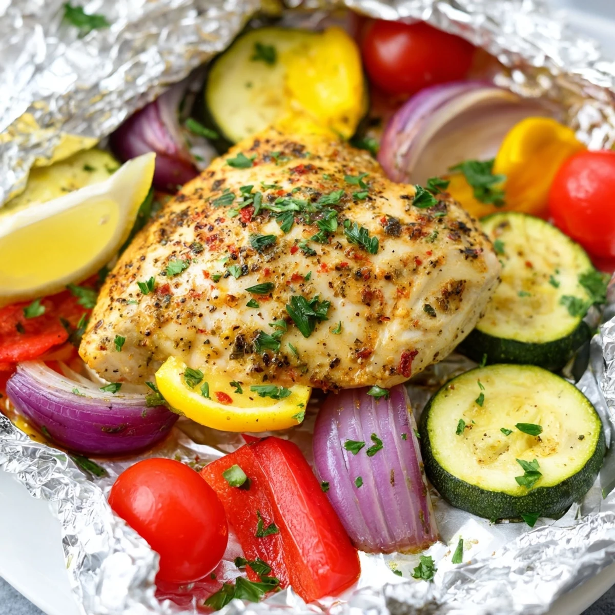 Chicken foil packets recipe garnished with fresh parsley and bright lemon wedges