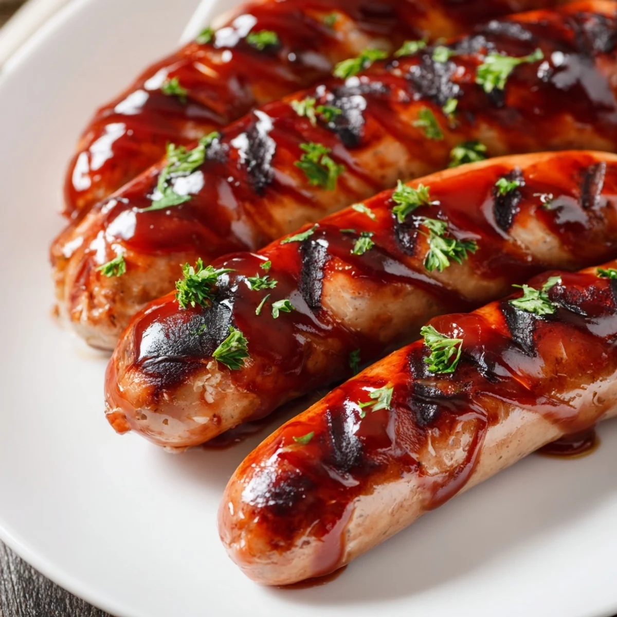 Juicy grilled sausages coated in sticky caramelized BBQ sauce on a warm summer platter