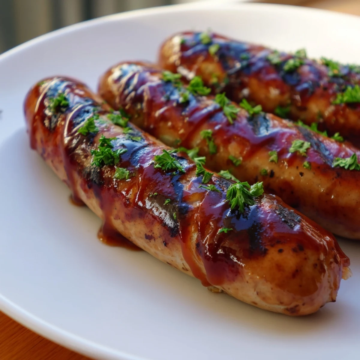 Smoky BBQ sausage recipe served on soft rolls with pickles and fresh parsley