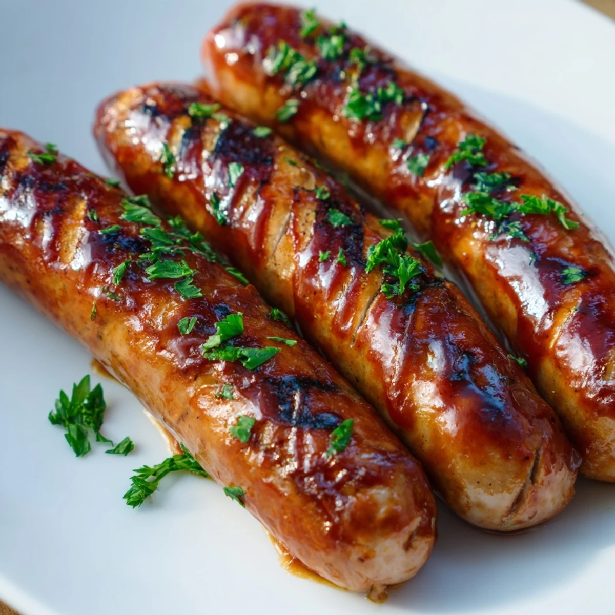 Tangy barbecue-glazed sausages sizzling on a grill with charred marks and a glossy finish