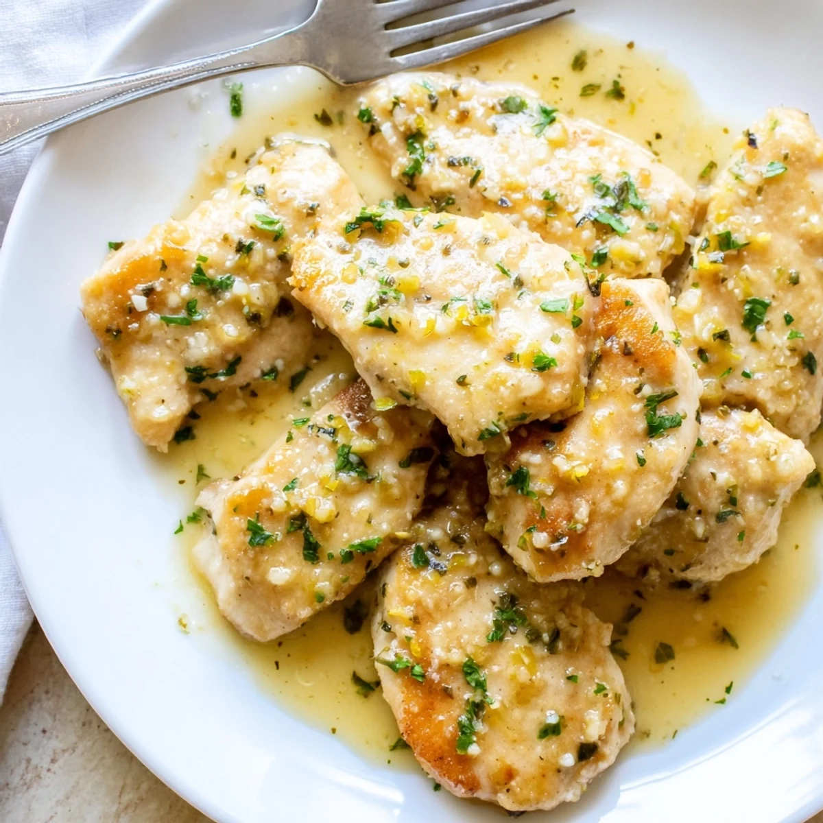 Tender chicken breasts drizzled with zesty lemon garlic butter and fresh parsley
