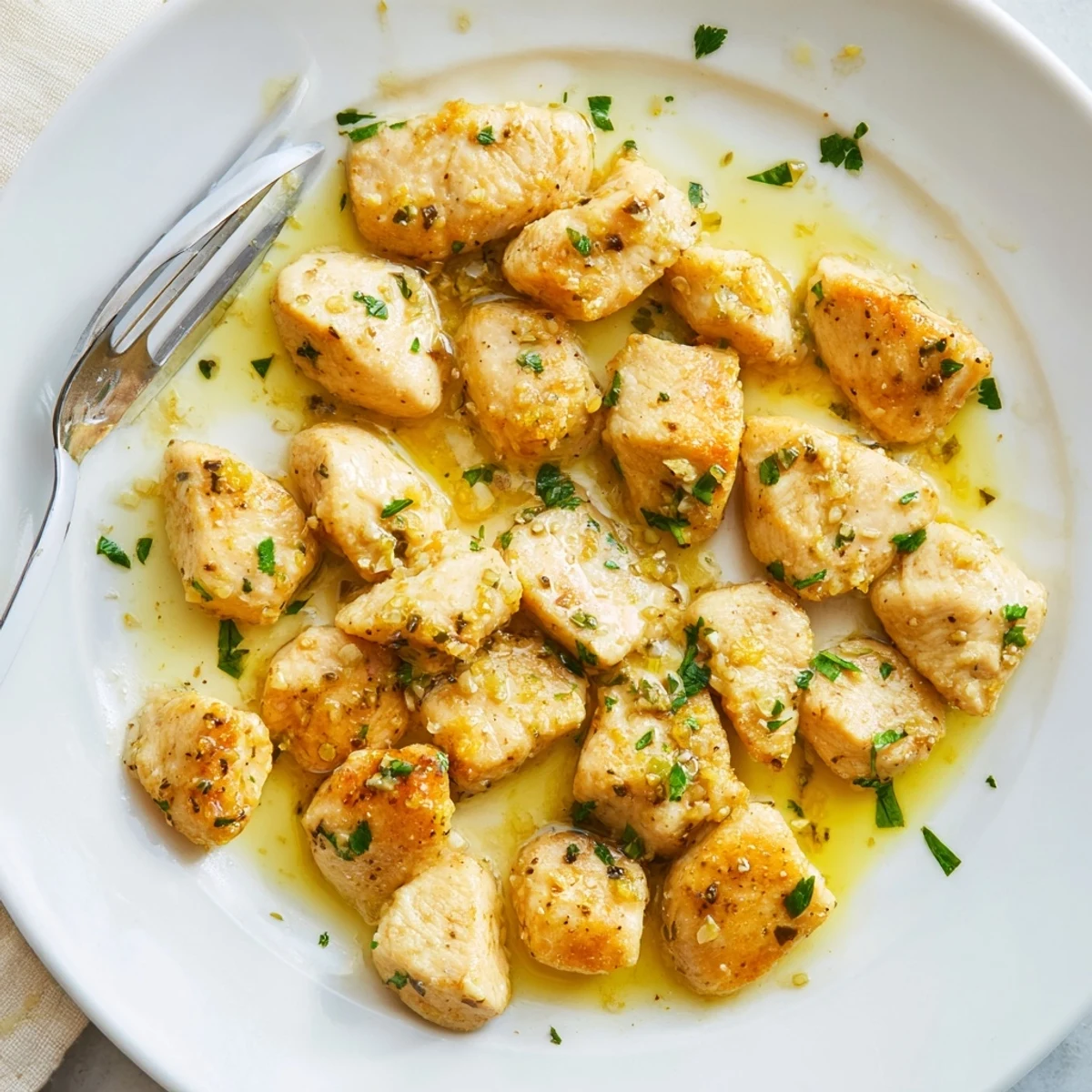 Sizzling skillet of lemon garlic butter chicken over a bed of rice