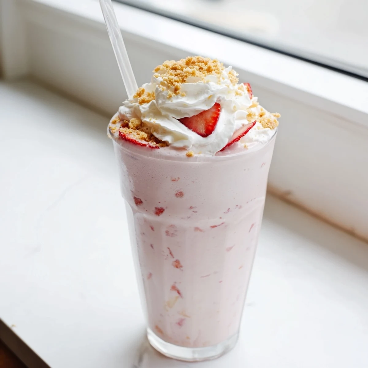 Tall glass of strawberry cheesecake milkshake topped with whipped cream and sliced berries