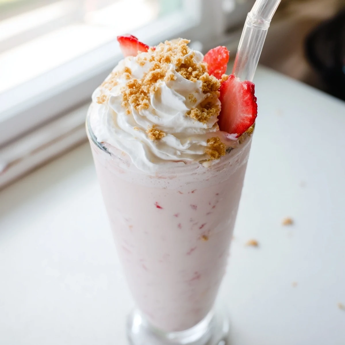 Thick pink strawberry cheesecake milkshake in a glass with graham cracker crumb rim