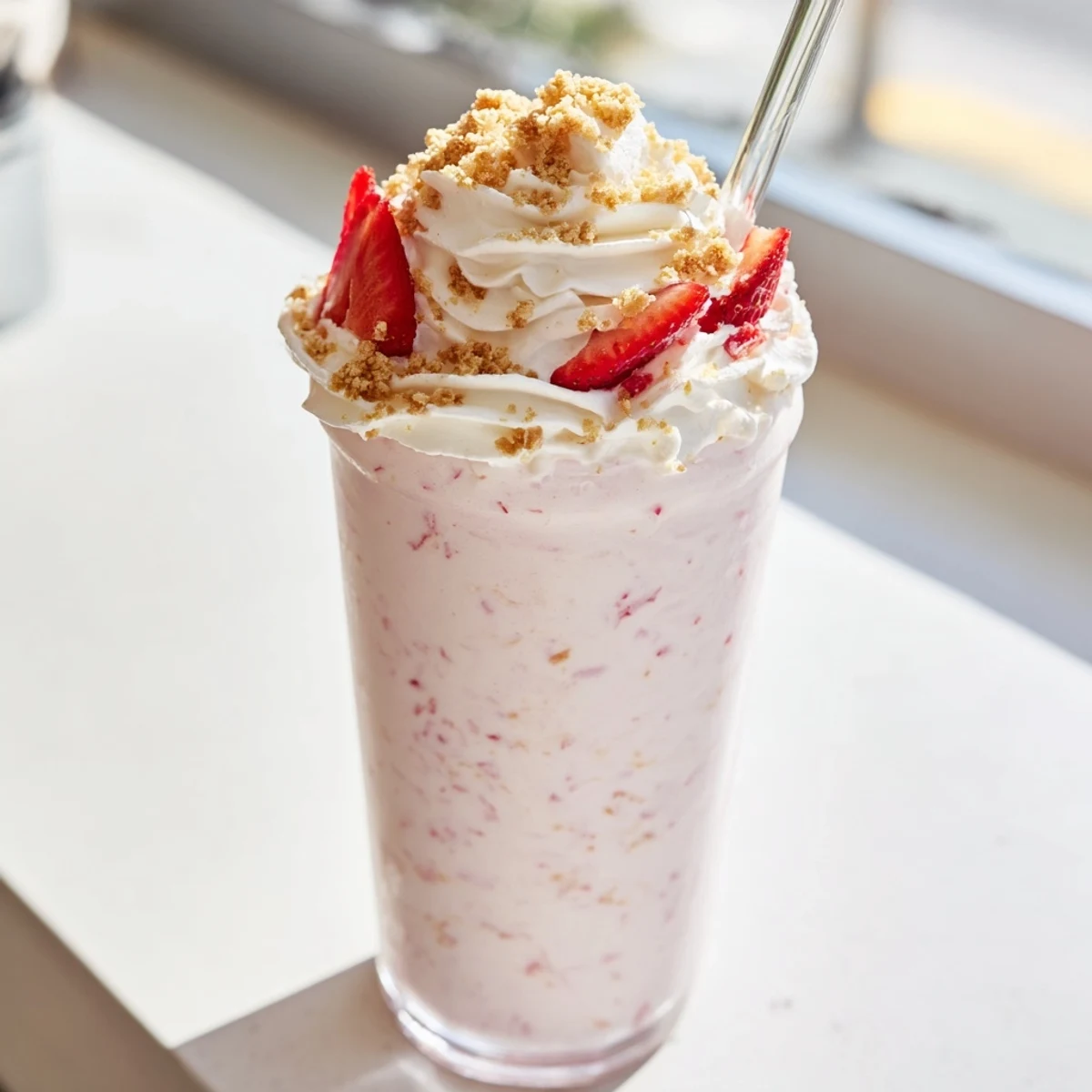Creamy strawberry cheesecake milkshake drizzled with whipped topping and fresh strawberry garnish