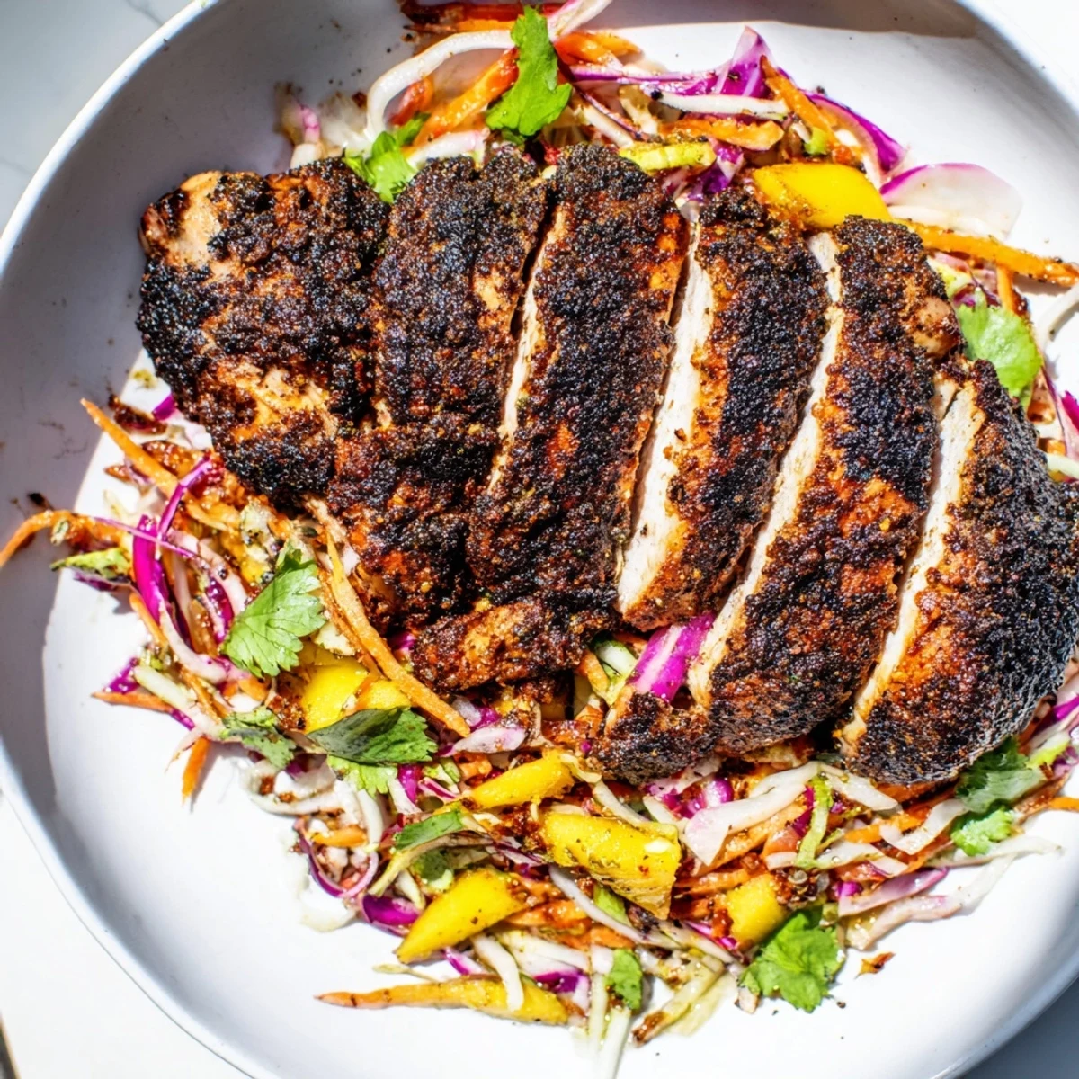 Charred jerk chicken sliced over a vibrant mango slaw with fresh cilantro