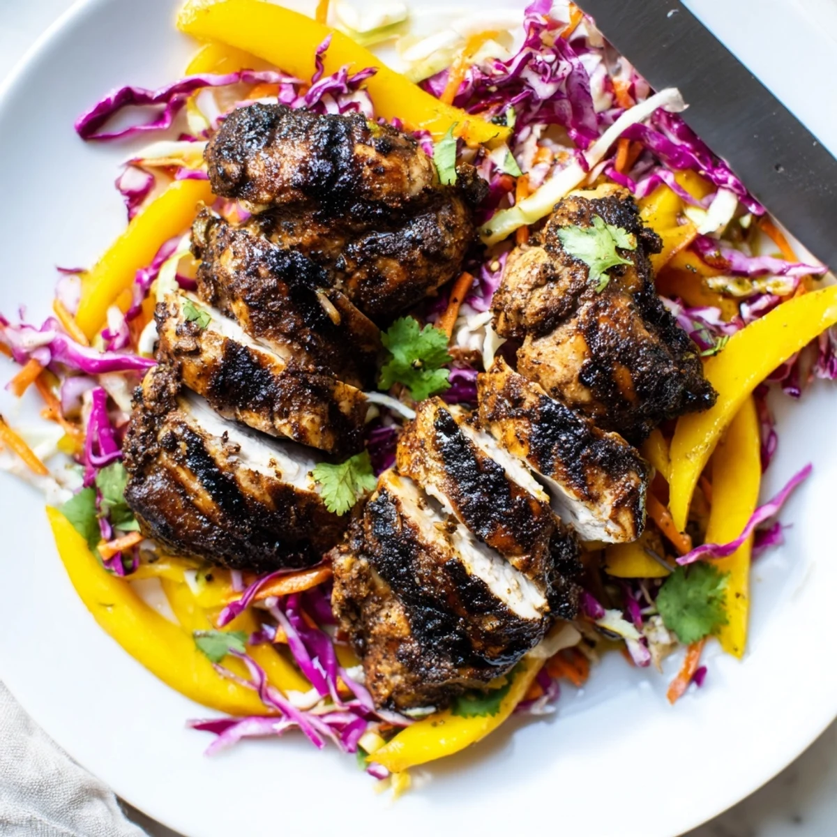 Spicy grilled jerk chicken served beside crisp red cabbage and sweet mango