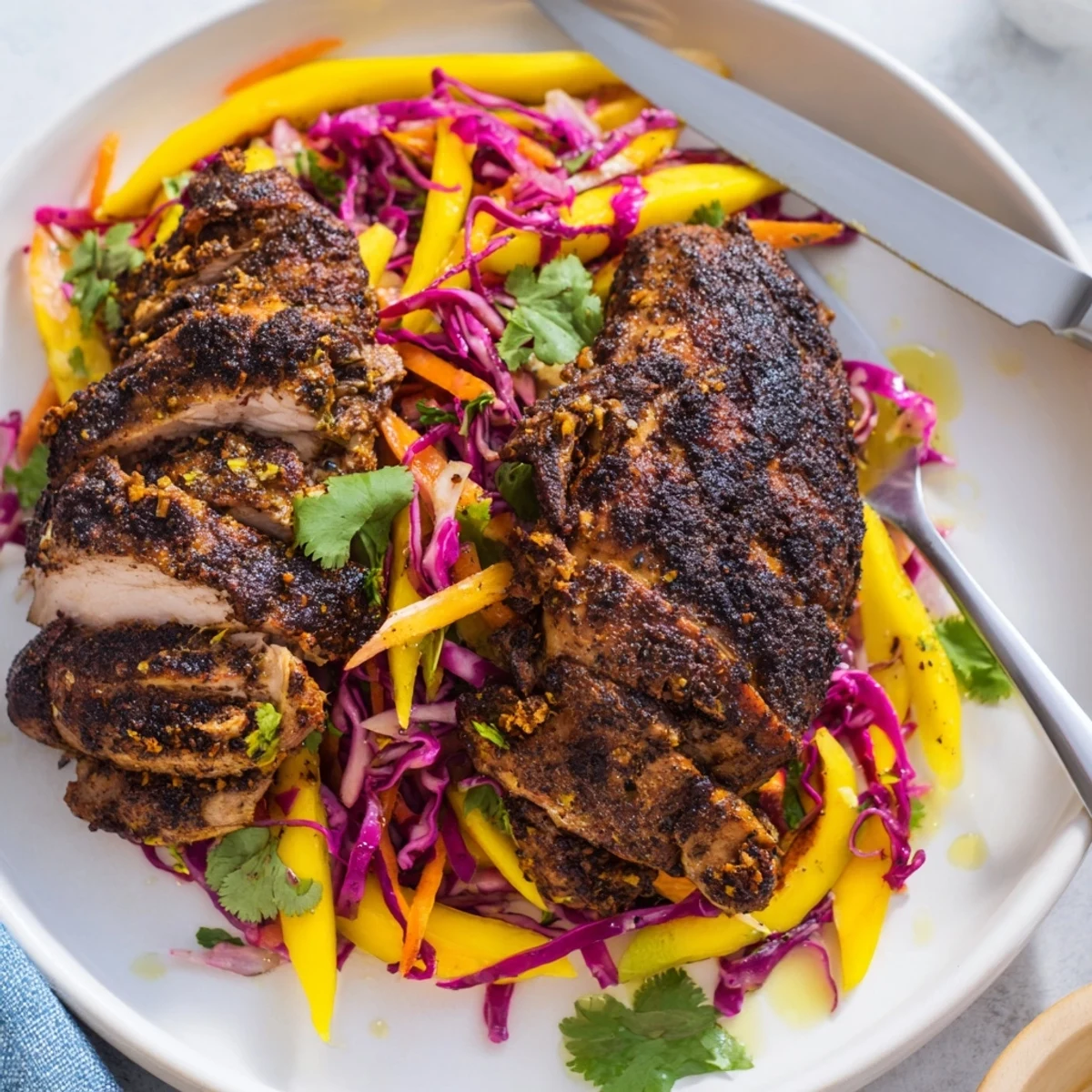 Golden grilled jerk chicken resting on a bright tropical mango slaw platter