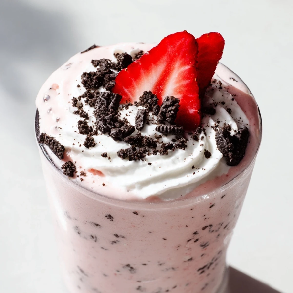 Tall glass of pink Strawberry Oreo Milkshake topped with whipped cream and crushed cookies