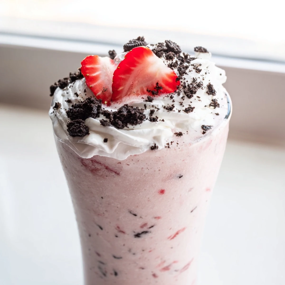 Creamy Strawberry Oreo Milkshake poured into a chilled glass with fresh strawberry slices