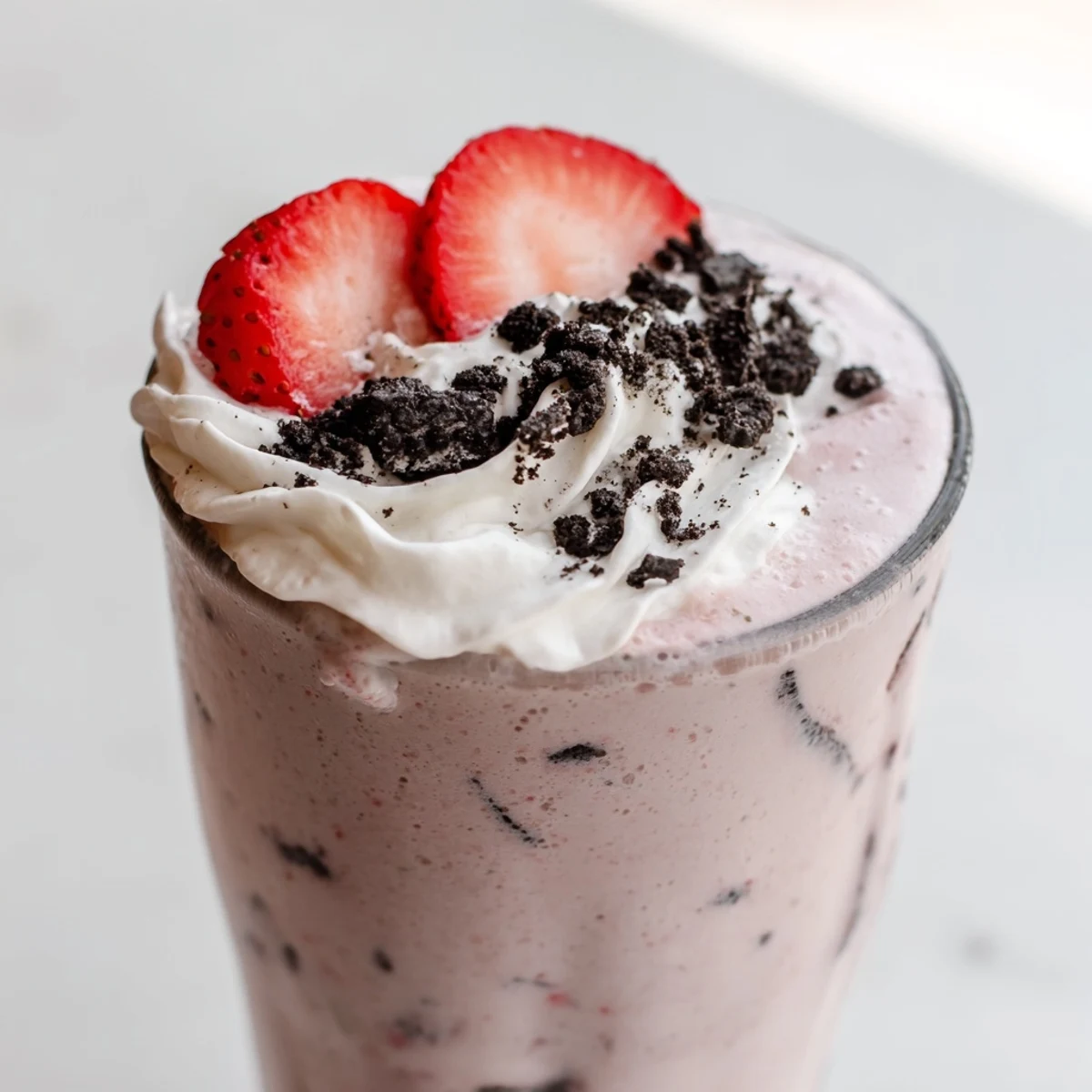 Thick Strawberry Oreo Milkshake drizzled with crushed Oreos and a fluffy whipped cream swirl