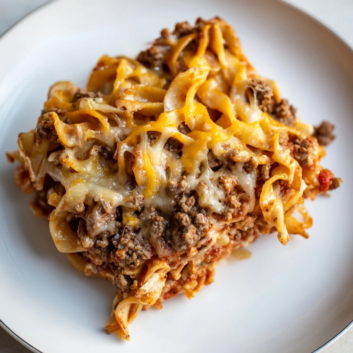 Beef Lombardi Casserole bubbling golden with melted cheddar, cottage cheese topping.