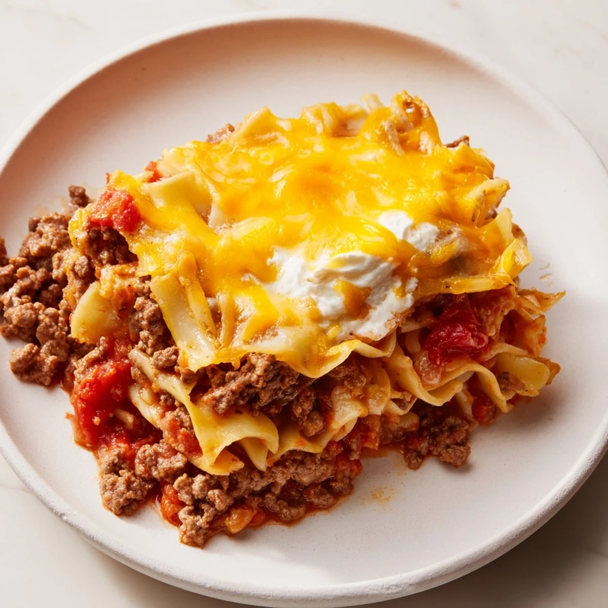 Hearty Beef Lombardi Casserole layered with noodles, savory tomato-beef sauce.