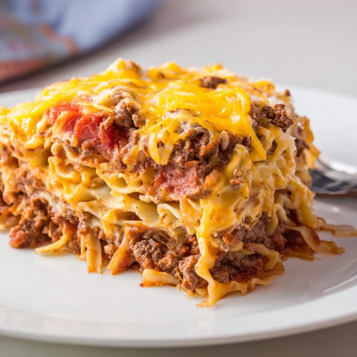 Fresh from oven Beef Lombardi Casserole resting, steam rising, served with salad.