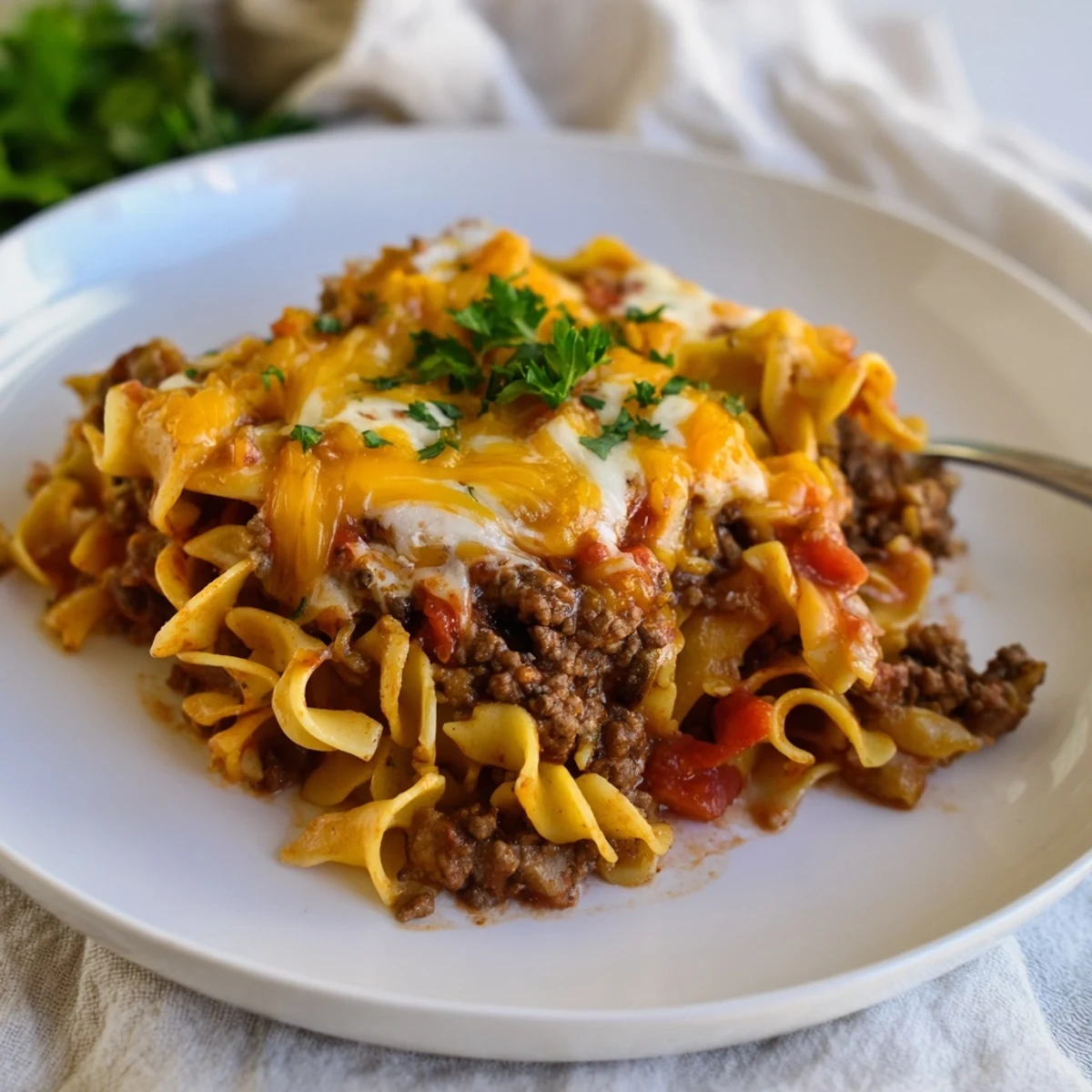Beef Noodle Casserole bubbling with melted cheddar, golden edges and parsley garnish