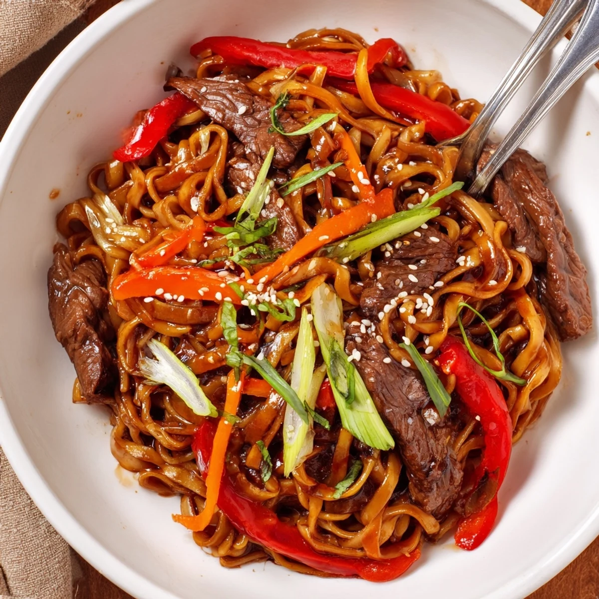 Sticky Beef Noodles glistening with glossy sauce, tossed with crunchy scallions
