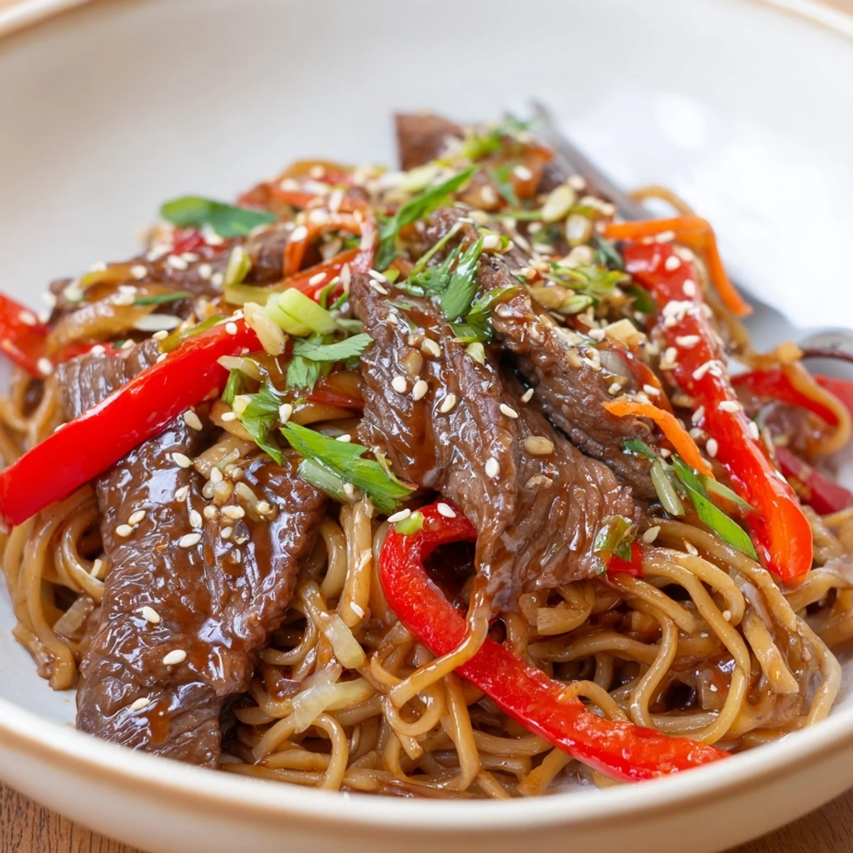Warm Sticky Beef Noodles piled in a bowl, aromatic ginger and sesame