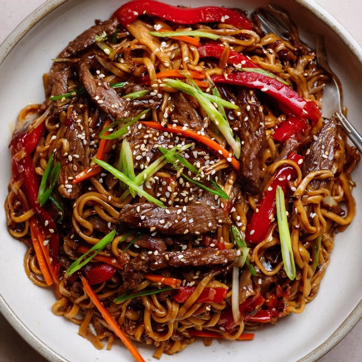 Chewy Sticky Beef Noodles with tender beef strips, ideal quick weeknight dinner