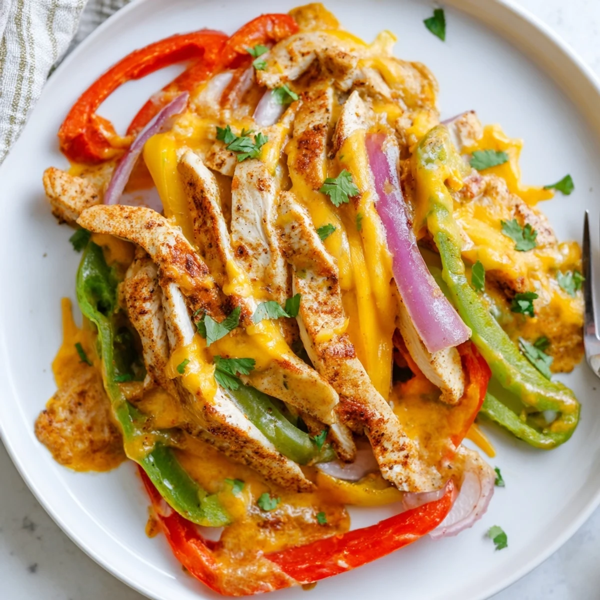Cheesy Baja Chicken Bell Pepper Skillet sizzling with melted cheese and cilantro