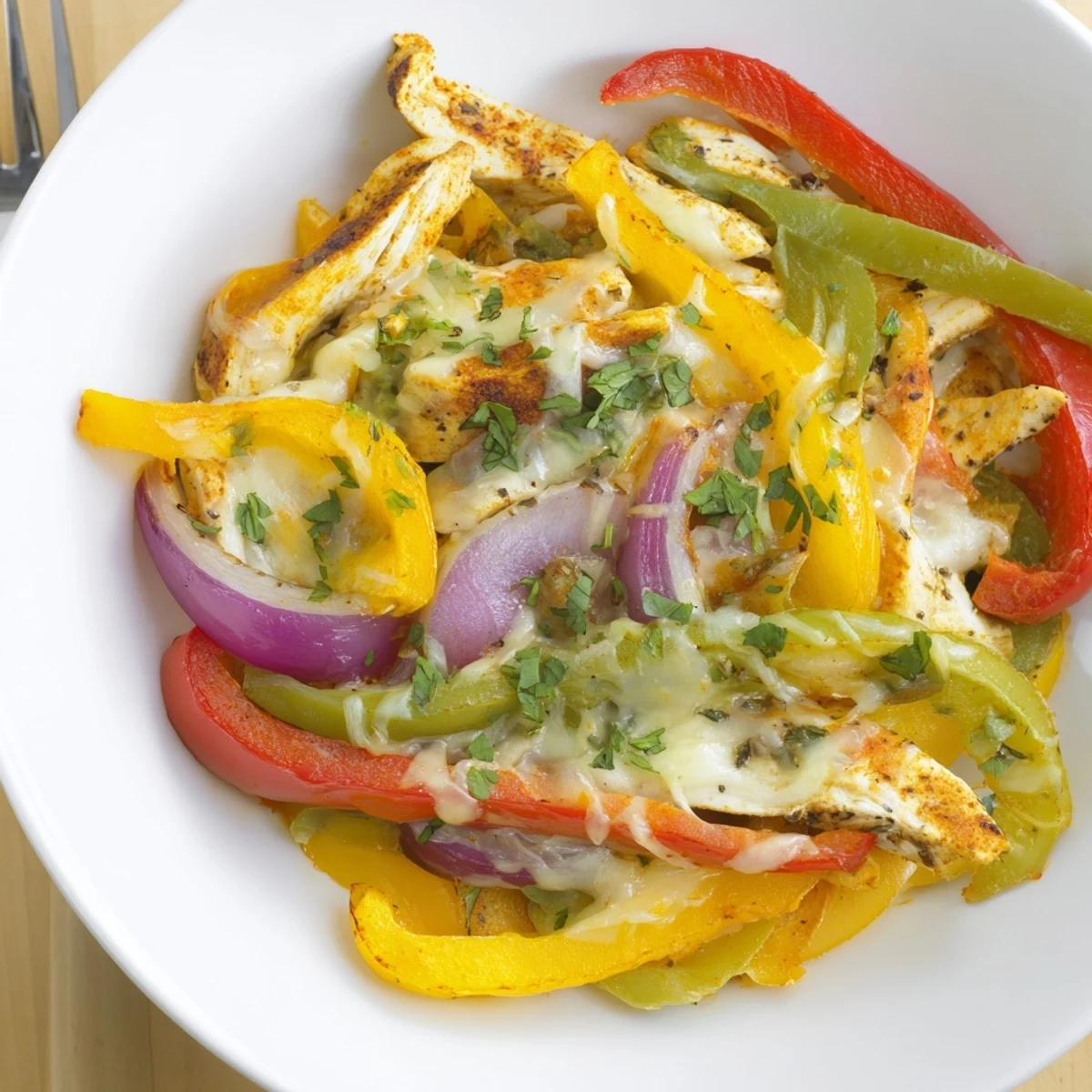 Smoky, colorful skillet of juicy chicken and peppers — Cheesy Baja Chicken Bell Pepper Skillet
