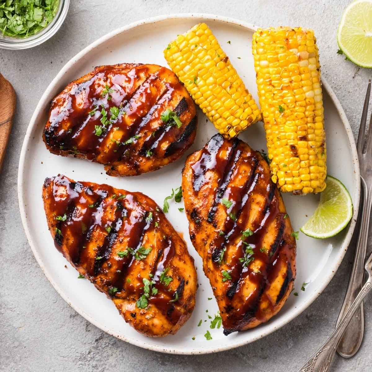 BBQ Chicken With Corn glistening with sauce, charred edges, buttered corn.