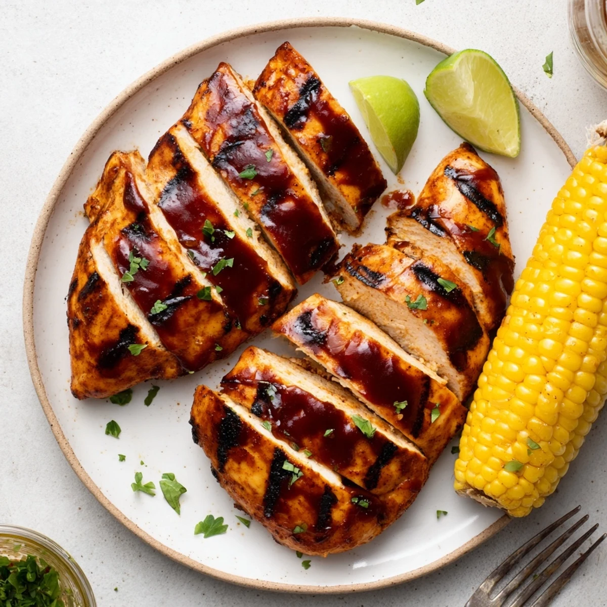 Grilled BBQ Chicken With Corn resting on board, lime wedges and parsley.