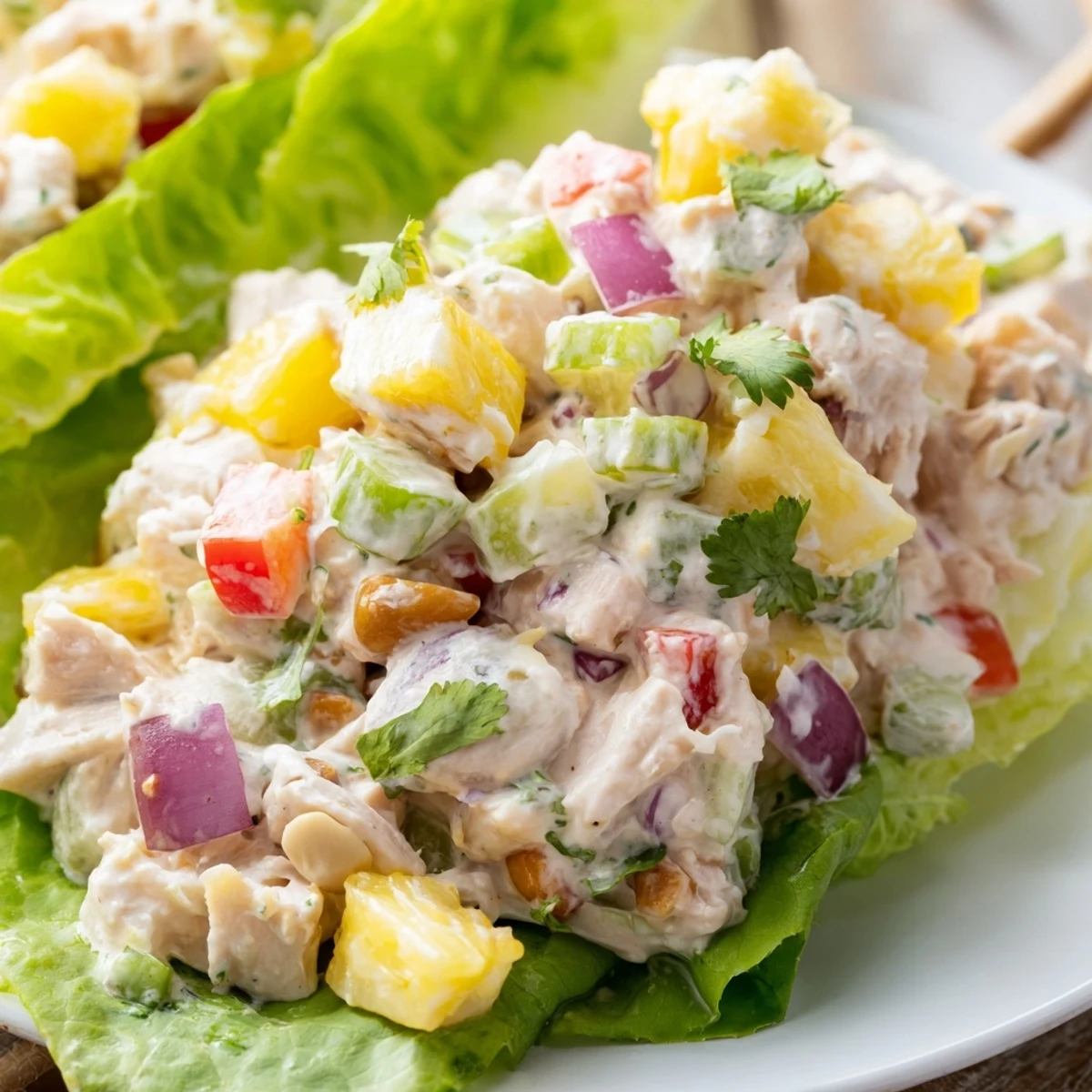 Chilled Hawaiian Chicken Salad Recipe tossed in creamy lime-honey dressing, sprinkled with macadamias.