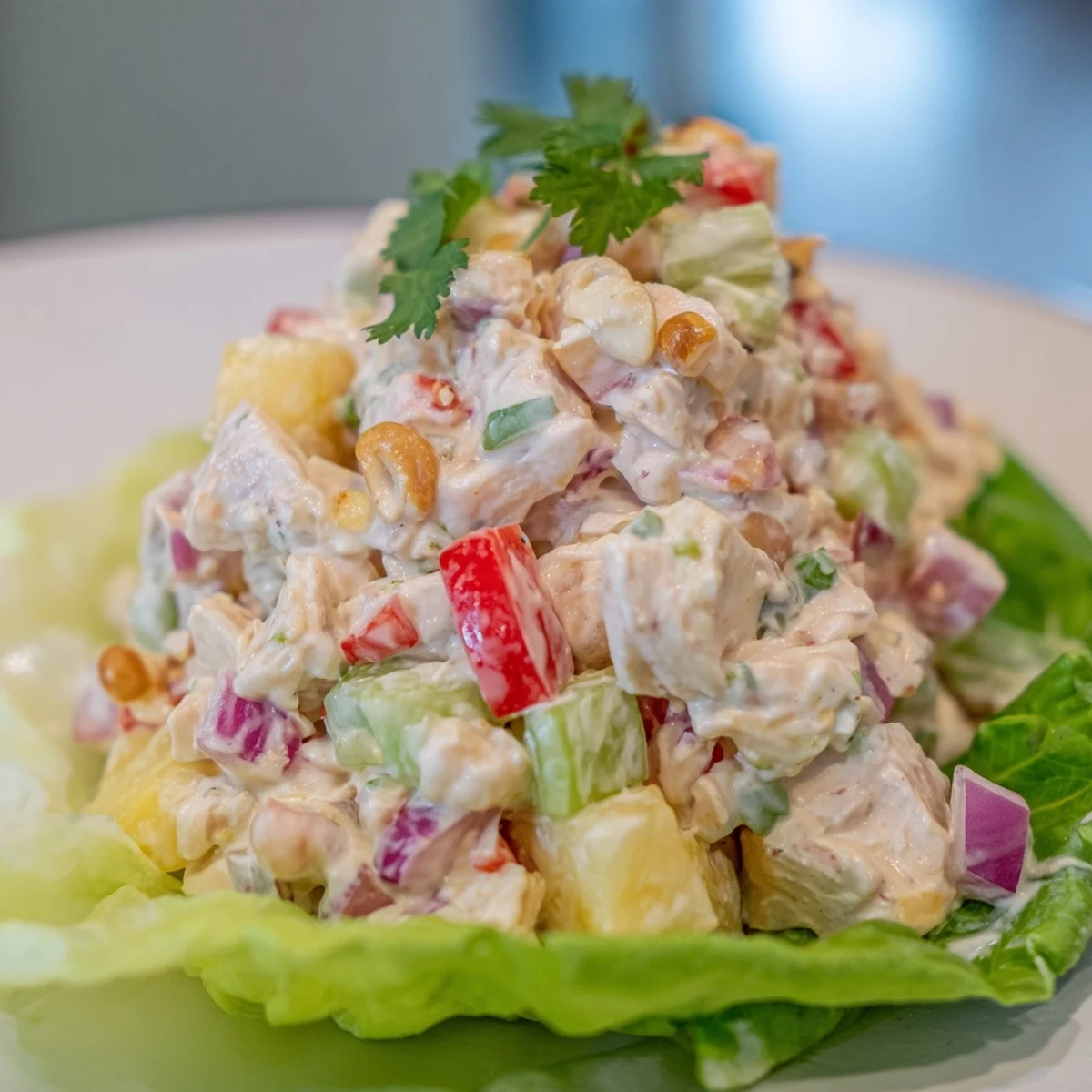 Bright Hawaiian Chicken Salad Recipe served on butter lettuce, garnished with cilantro.