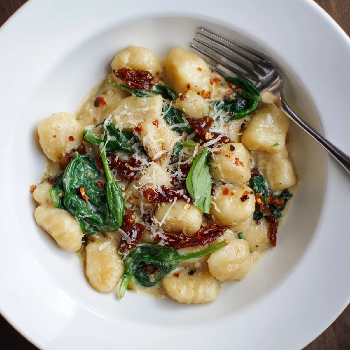 Weeknight Marry Me Gnocchi plated with wilted spinach, garlic aroma evident