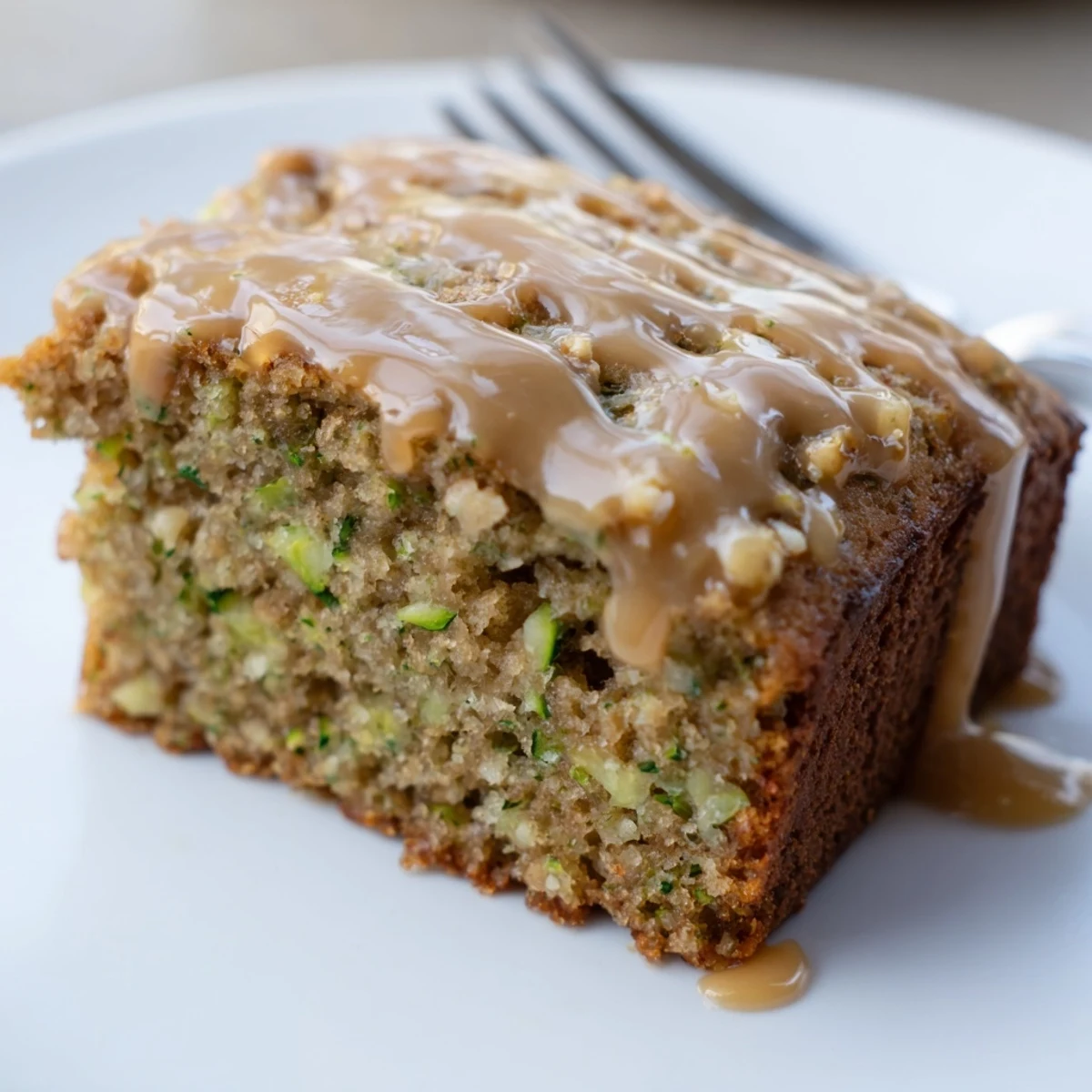 Slice of Zucchini Cake With Brown Sugar Icing showing nut speckled crumb
