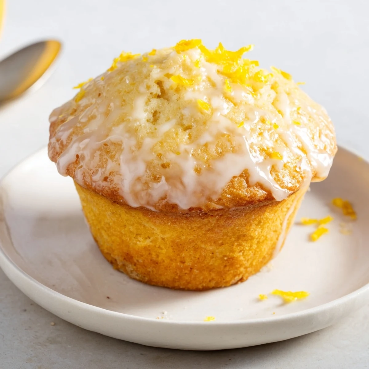 Plate of Glazed Lemon Ginger Muffins beside a cup of herbal tea.