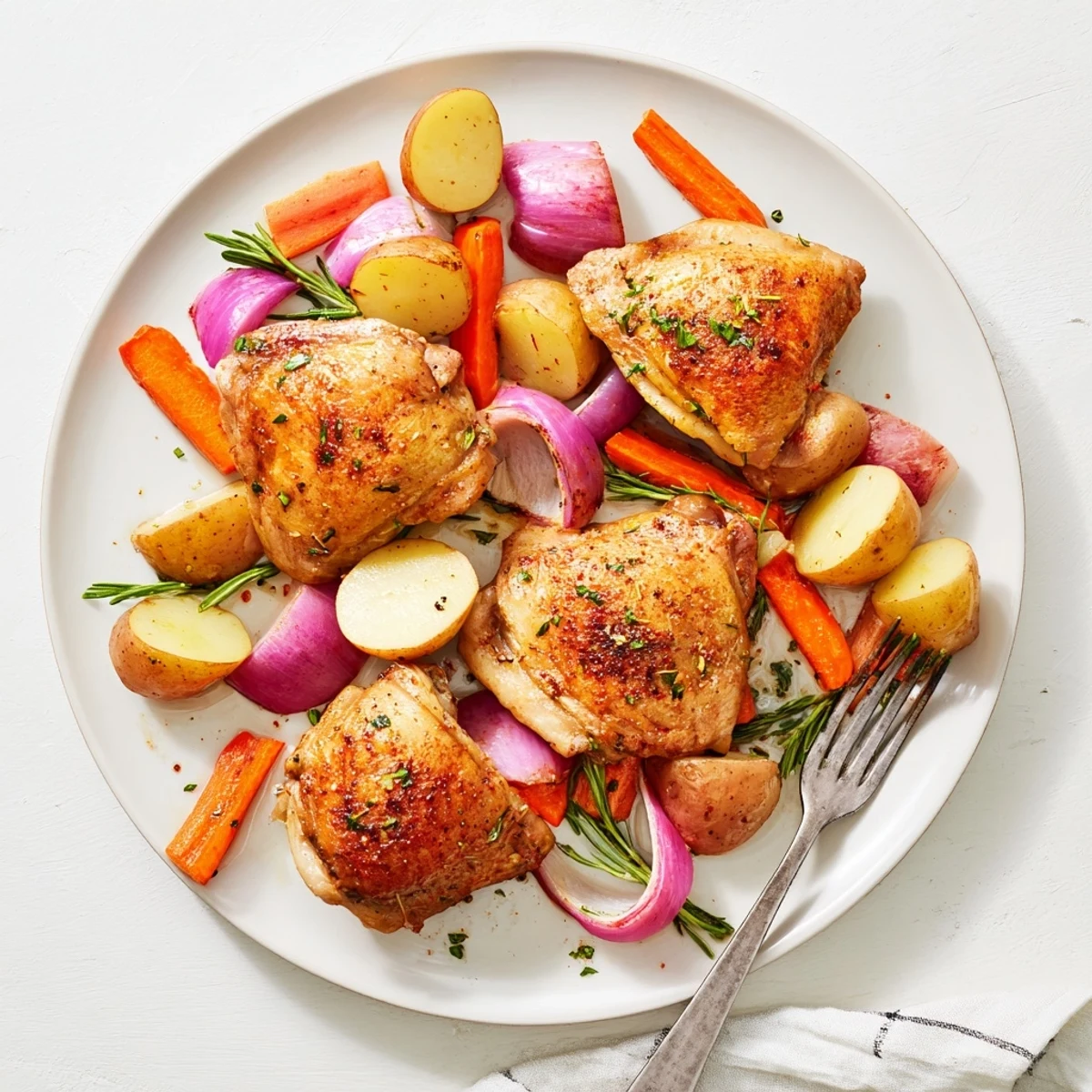 Sheet Pan Chicken And Potatoes with golden skin and crispy roasted potatoes