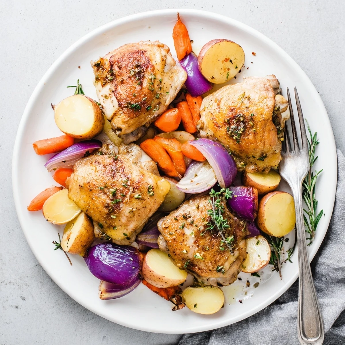 Oven-roasted Sheet Pan Chicken And Potatoes resting on herb-scented vegetables